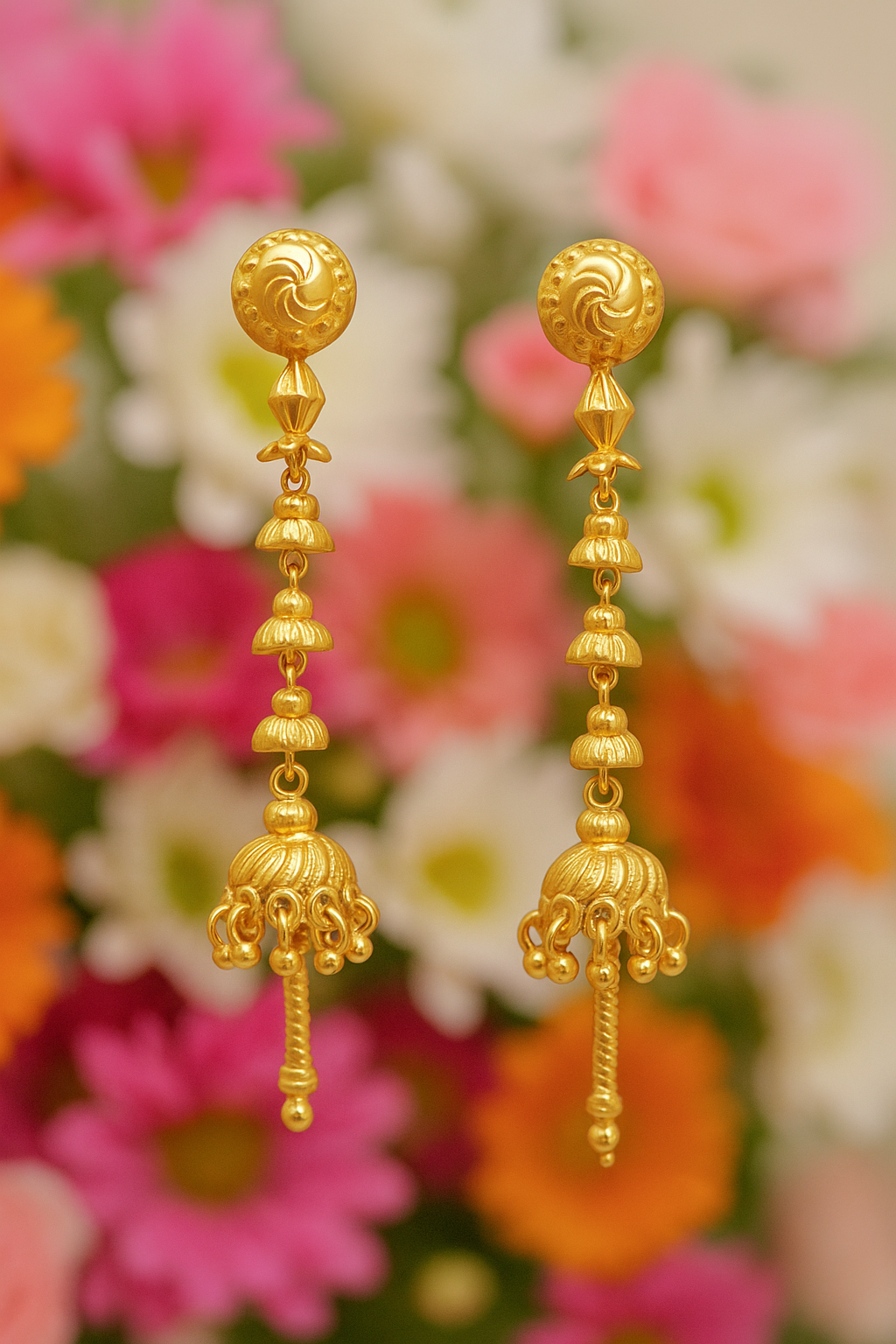 Elegant Long onegram Gold Jhumka Earrings